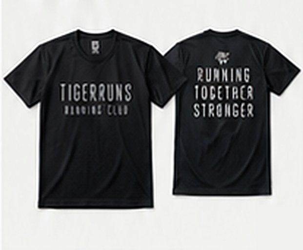 TIGERRUNS のランニングTシャツ（前面と背面のプリント例）